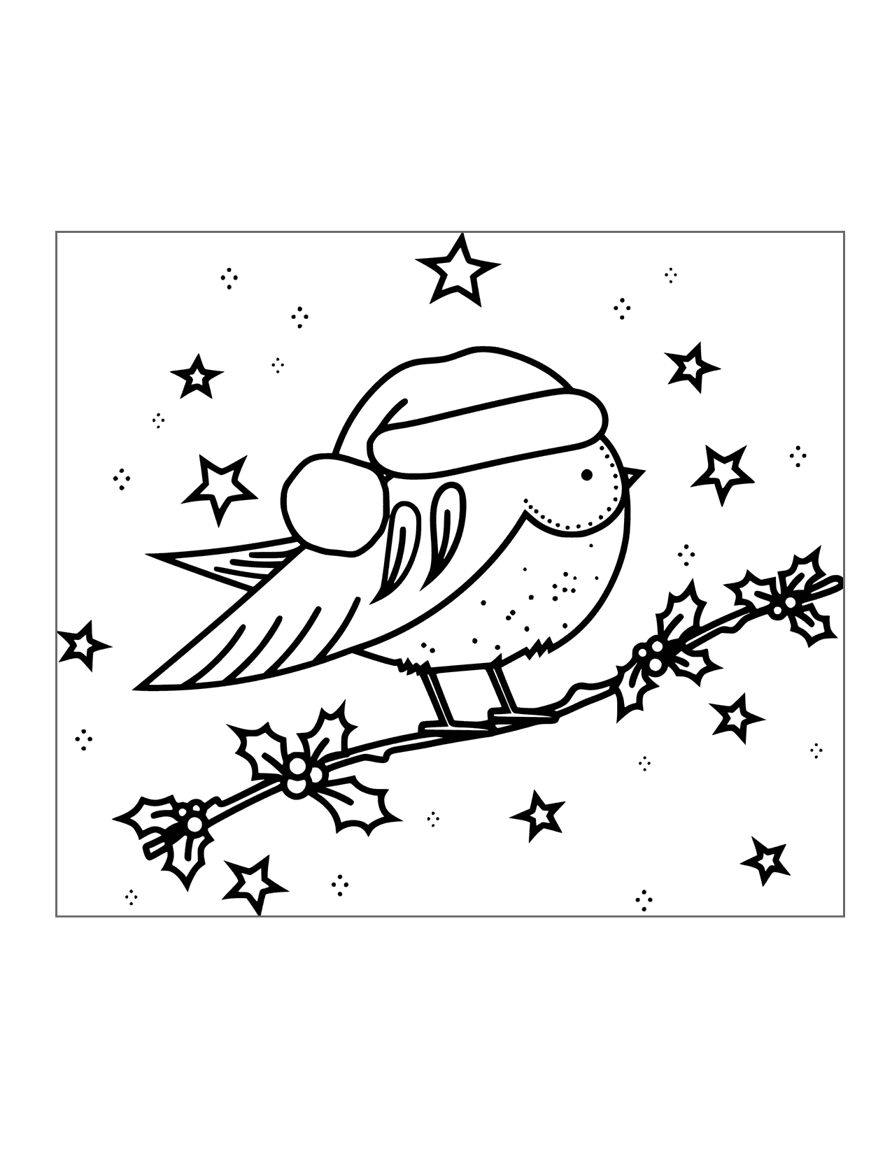Pretty Christmas Bird With Santa Hat Coloring Page