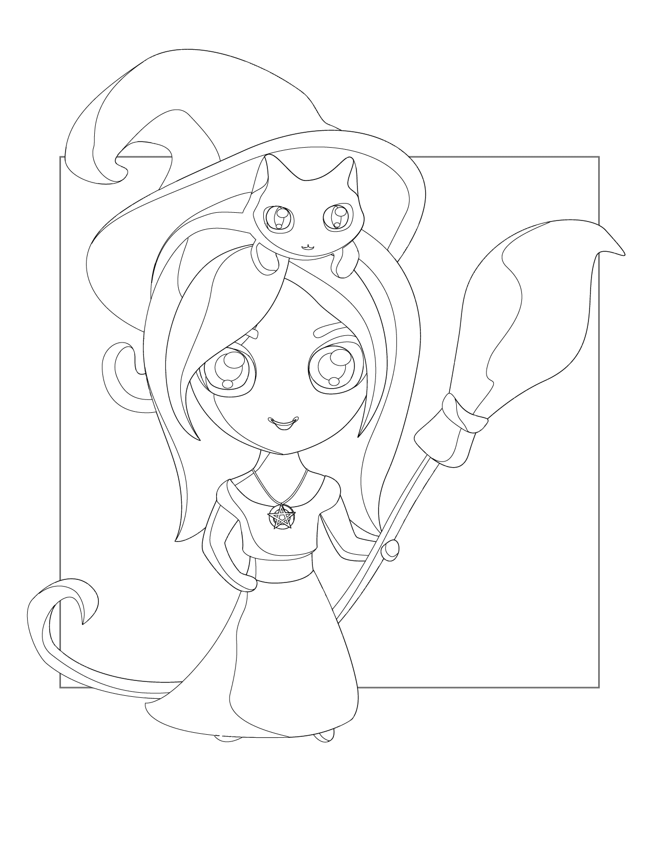Pretty Kawaii Witch Coloring Page
