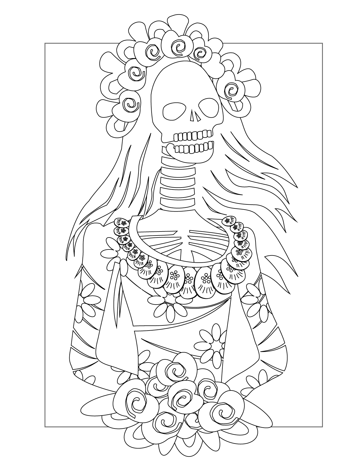 Pretty Skeleton With Flowers Coloring Page