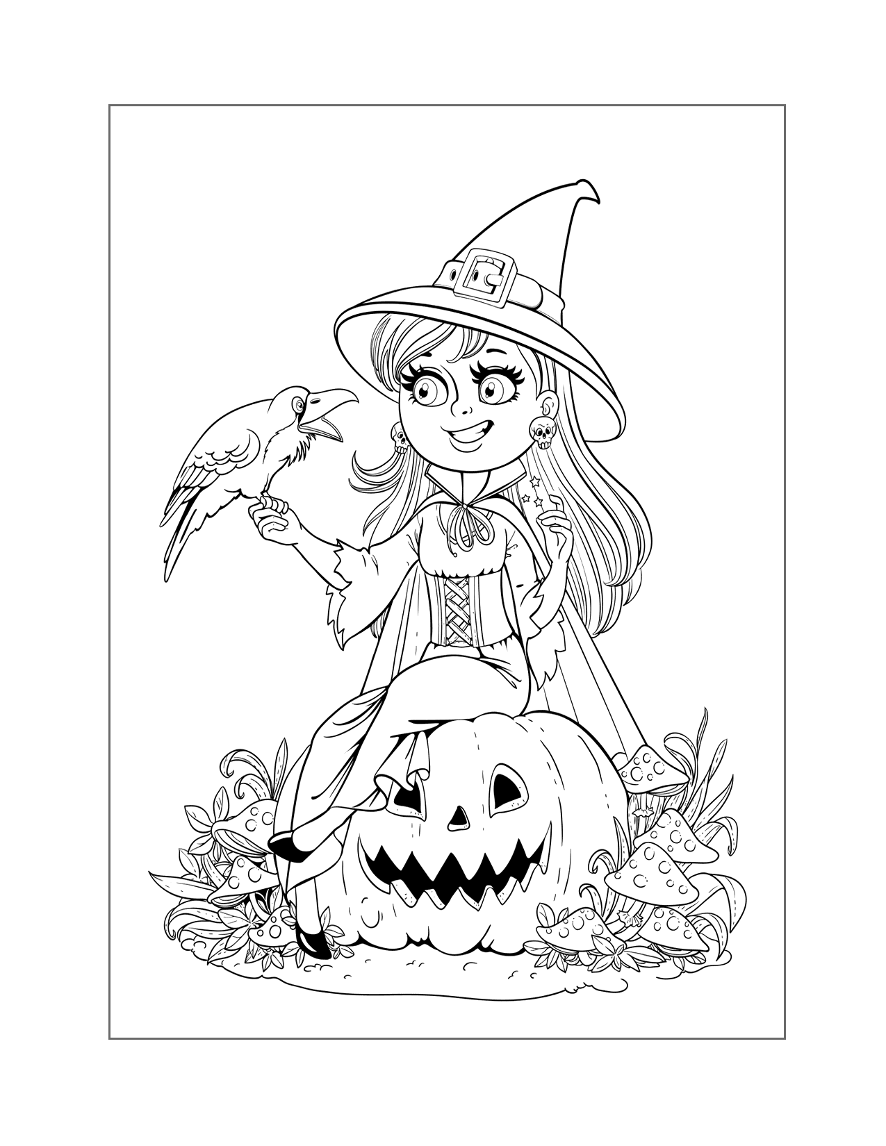 Pretty Witch With Crow Coloring Page