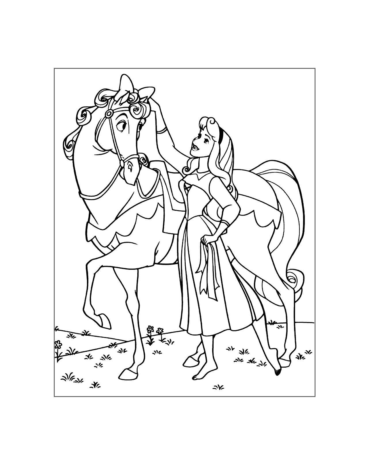 Princess Aurora Puts A Bow On Samson The Horse Coloring Page