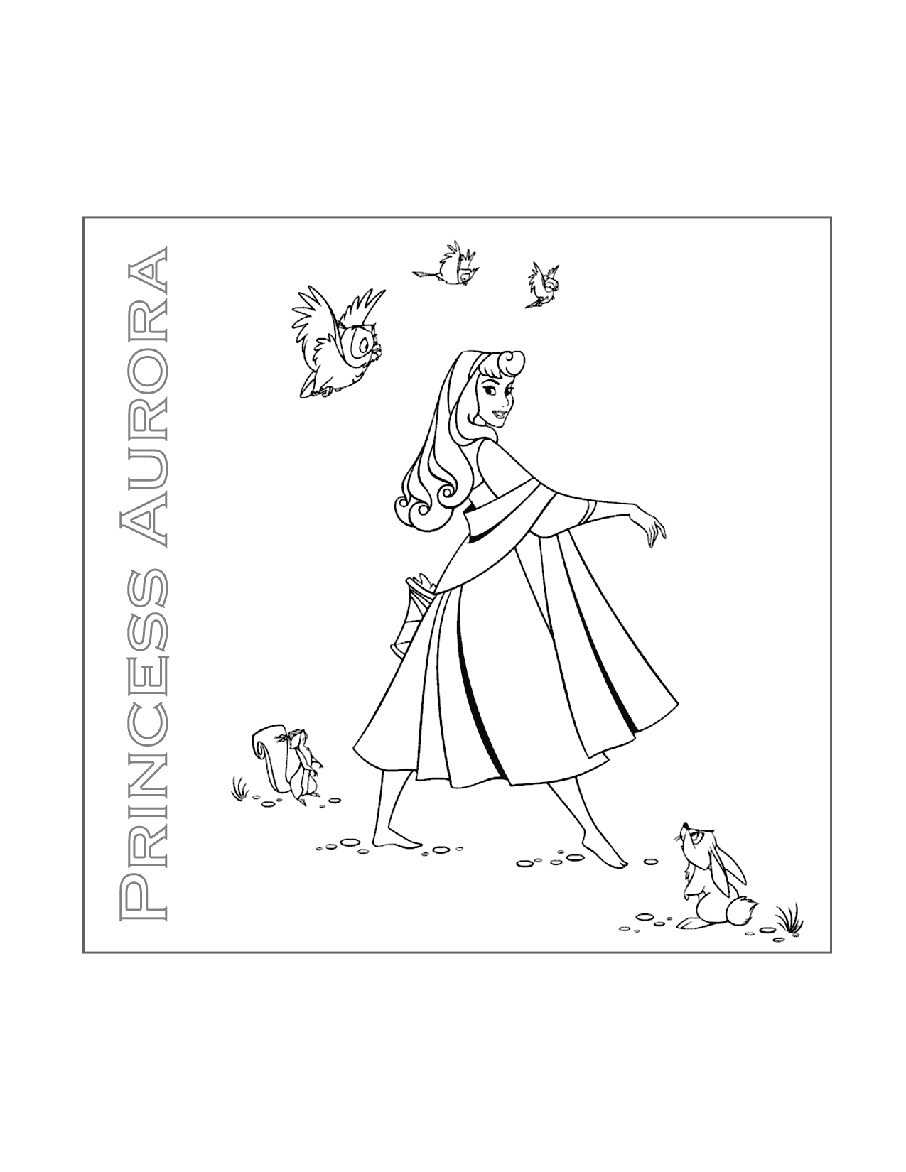 Princess Aurora Walking With Animals Coloring Page