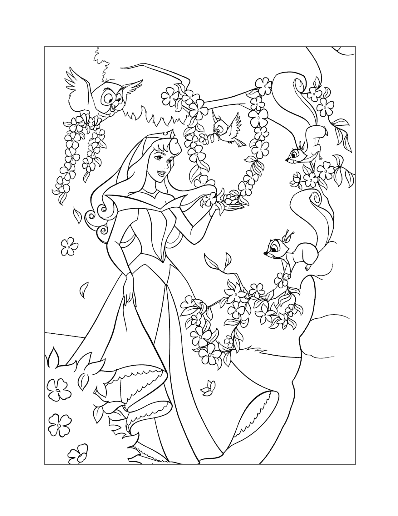 Princess Aurora And Flowers Coloring Page