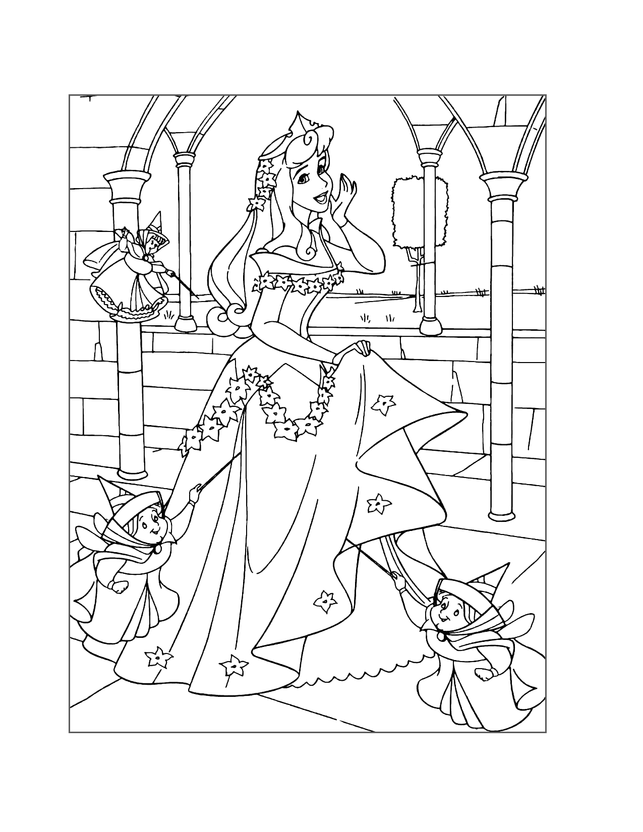Princess Aurora And Her Good Fairies Coloring Page