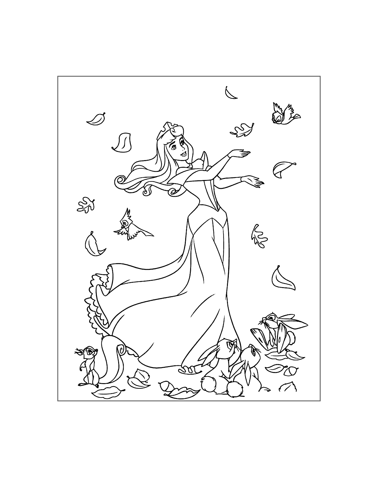 Princess Aurora And The Animals Coloring Page
