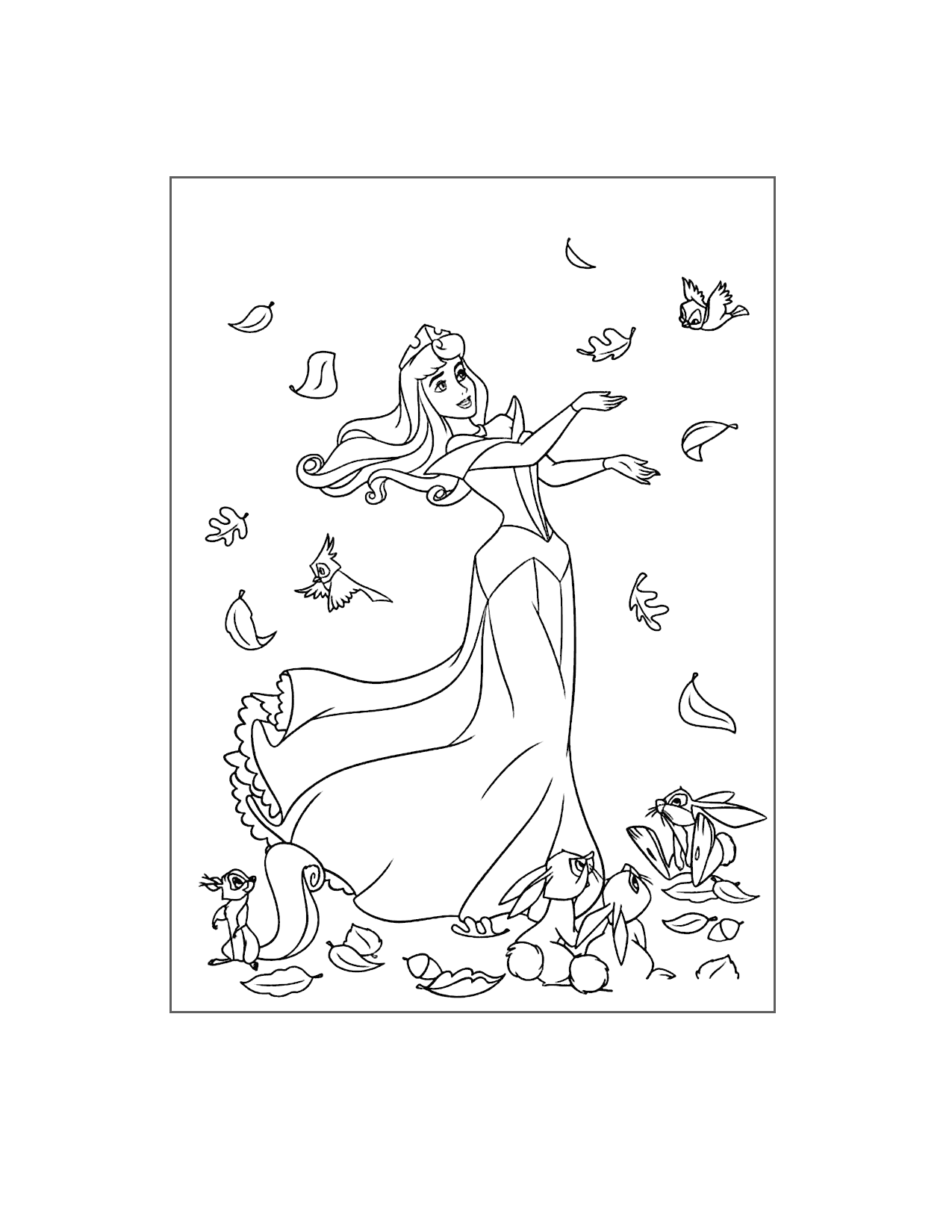 Princess Aurora And The Birds Coloring Page