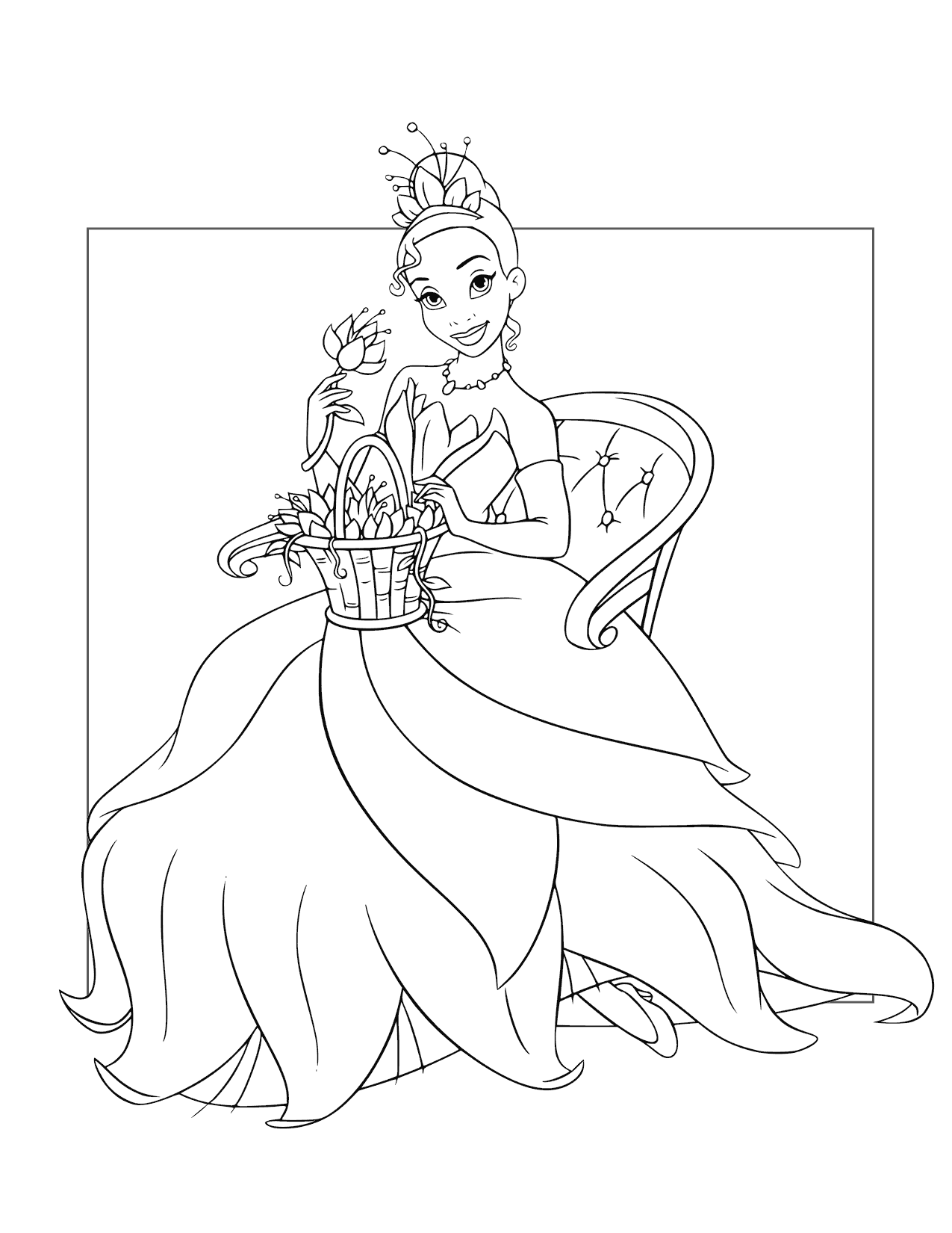 Princess Tiana Has A Basket Of Flowers Coloring Page
