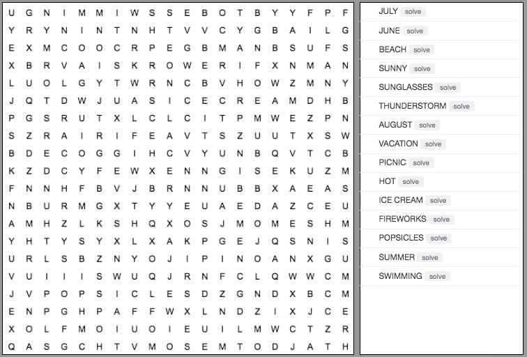 Printable Summer Time Word Search