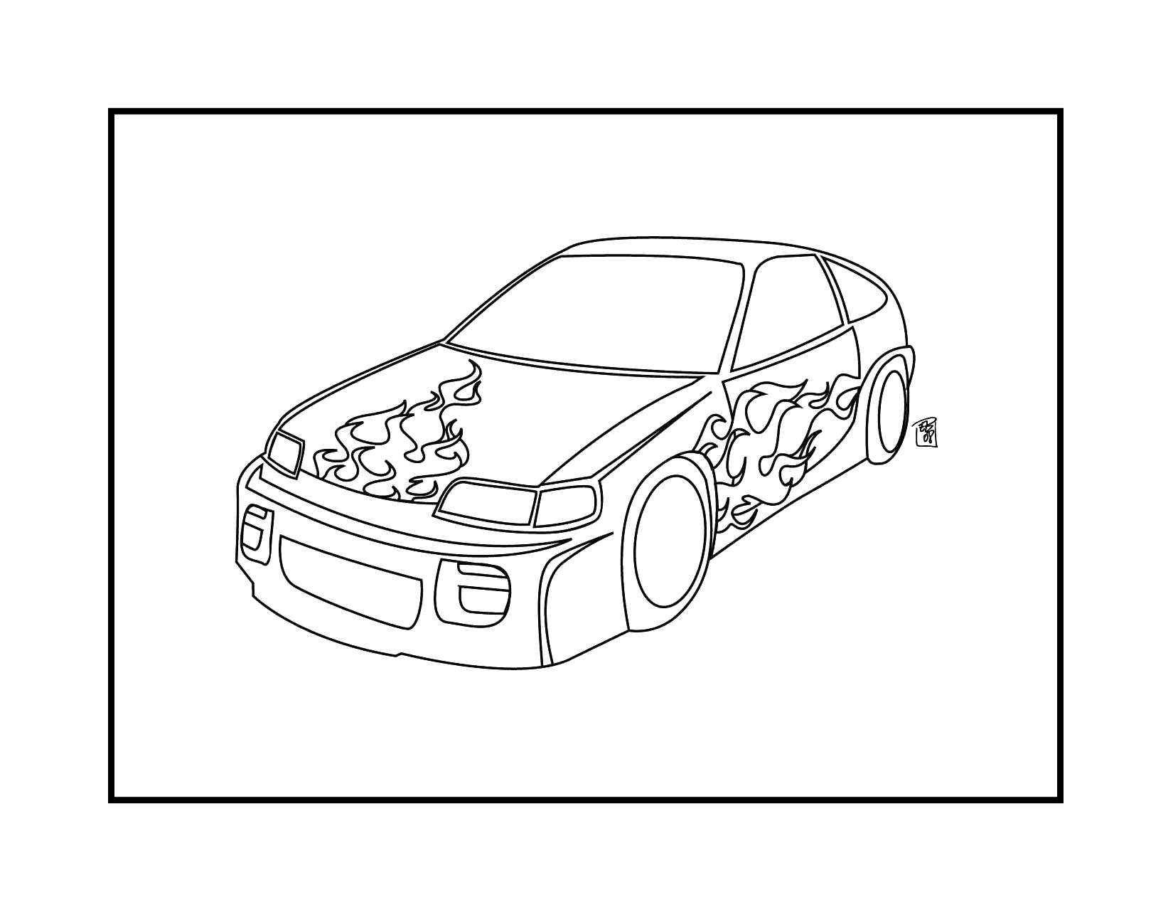 Race Car With Flames Coloring Page