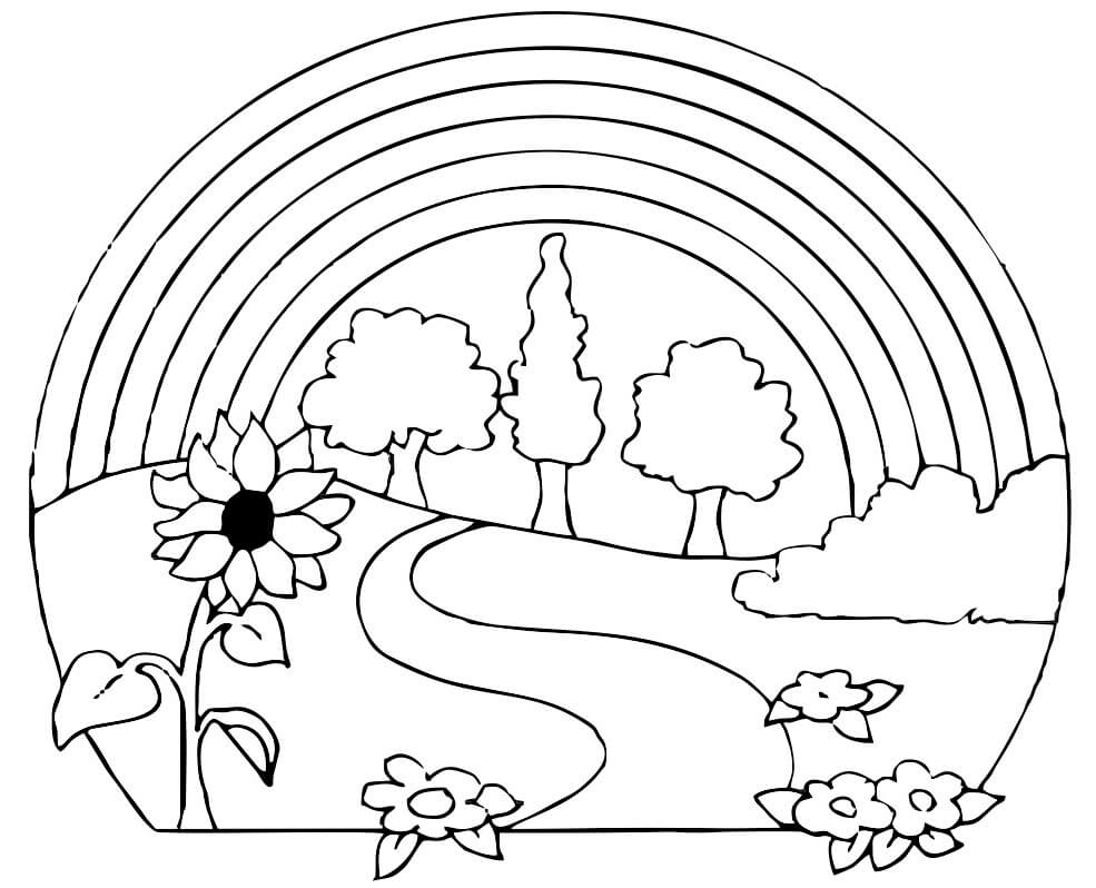 Rainbow With Trees And Flowers Coloring Page