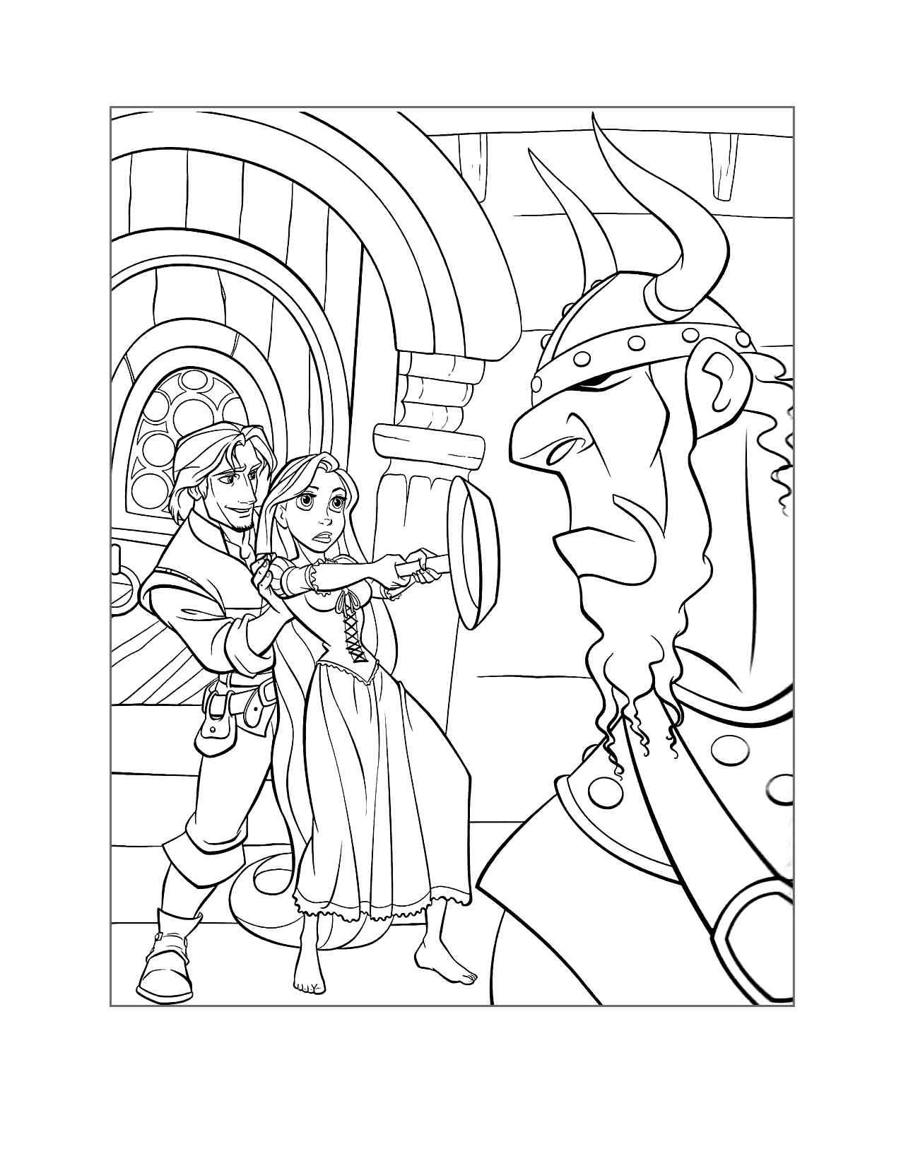 Rapunzel Fighting With Frying Pan Tangled Coloring Page