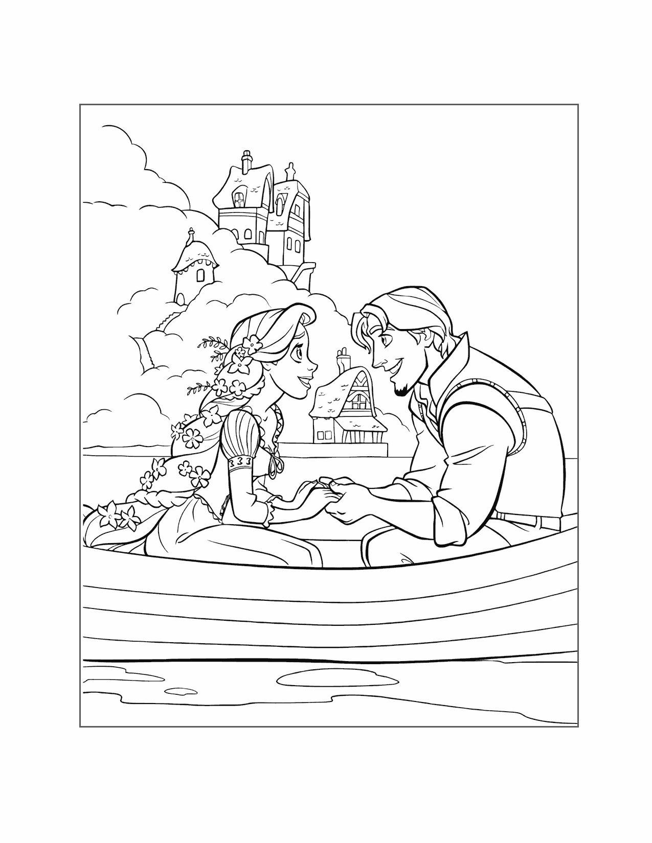 Rapunzel And Flynn On The Boat Coloring Page