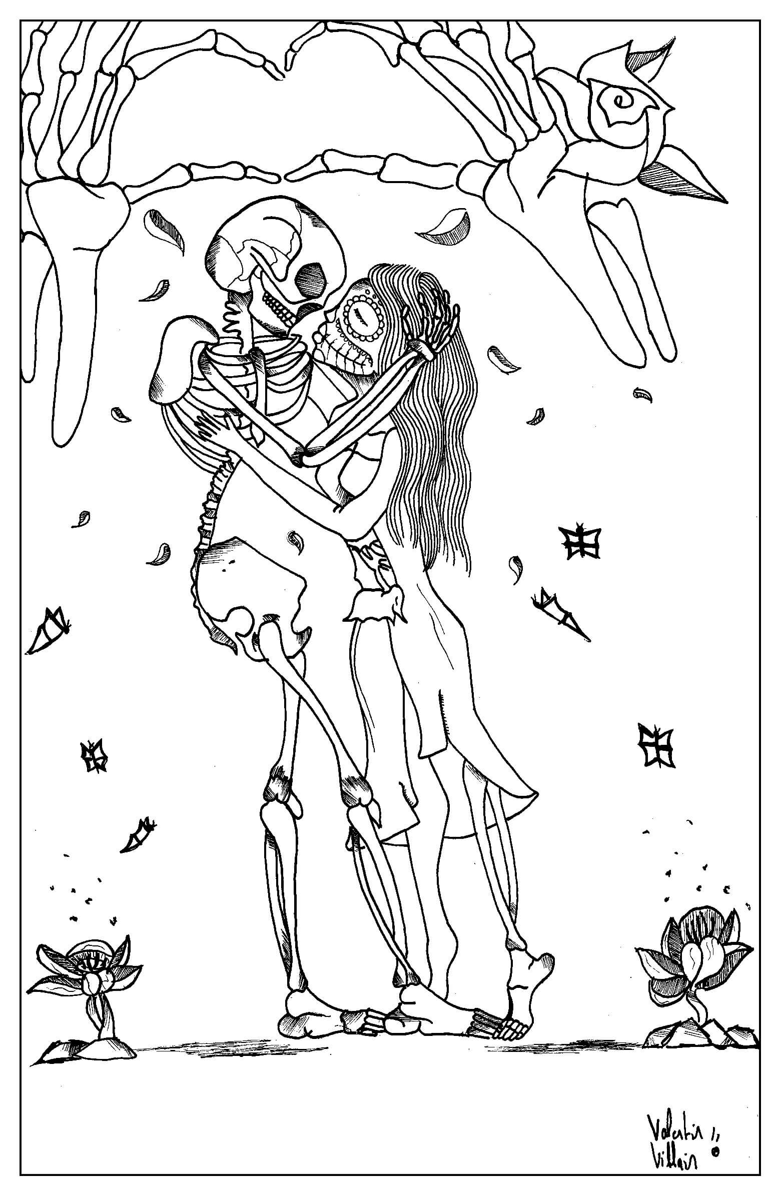 Romantic Skeletons Valentines Day Coloring Page for Adults
