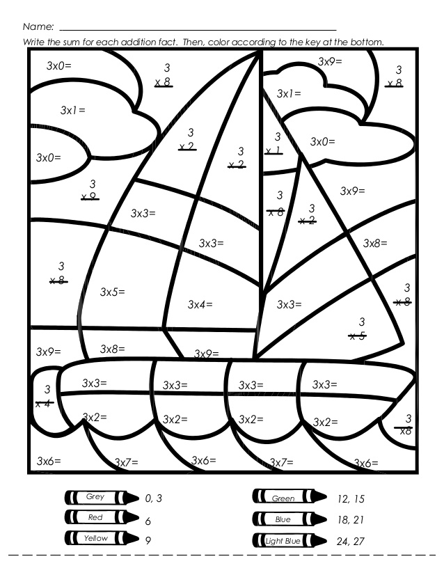 Sailboat Multiplication Color By Number Worksheet