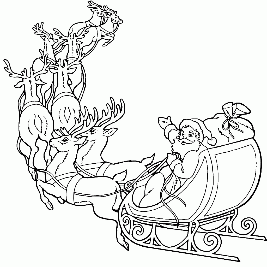 Santa Sleigh with Reindeer Coloring Pages