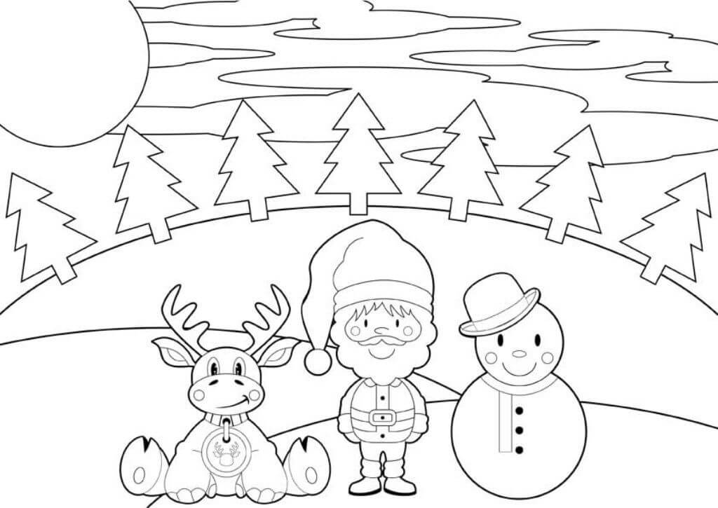 Santa Snowman and Reindeer Coloring Page