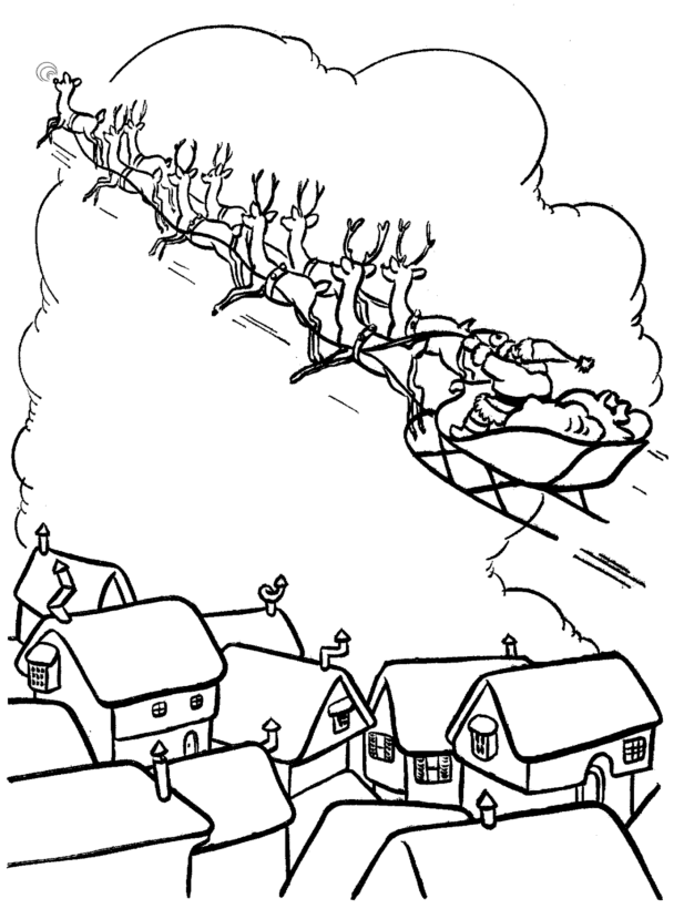 Santa and Reindeer Over Rooftops Coloring Page