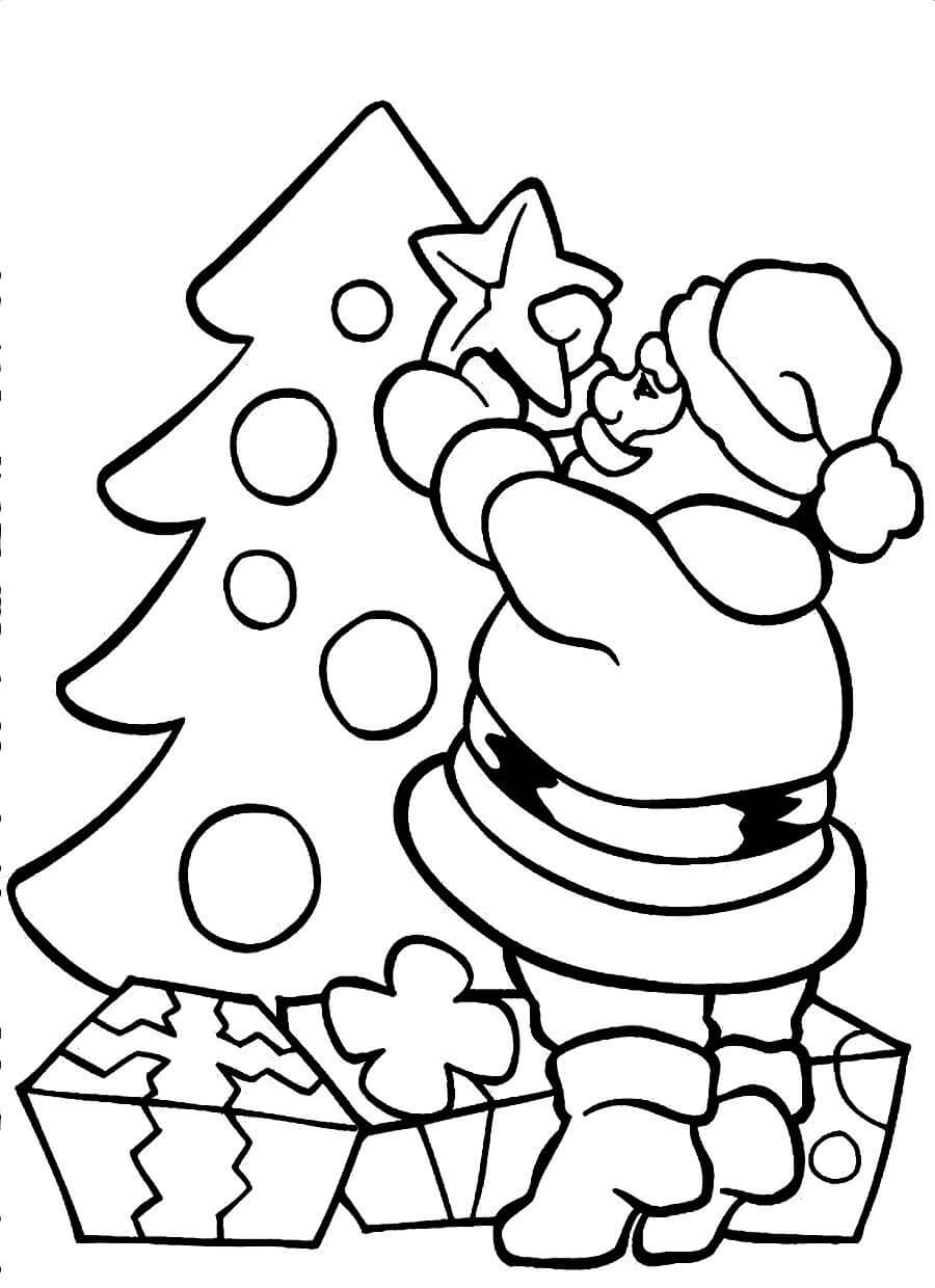 Santa decorating Christmas Tree Coloring Page