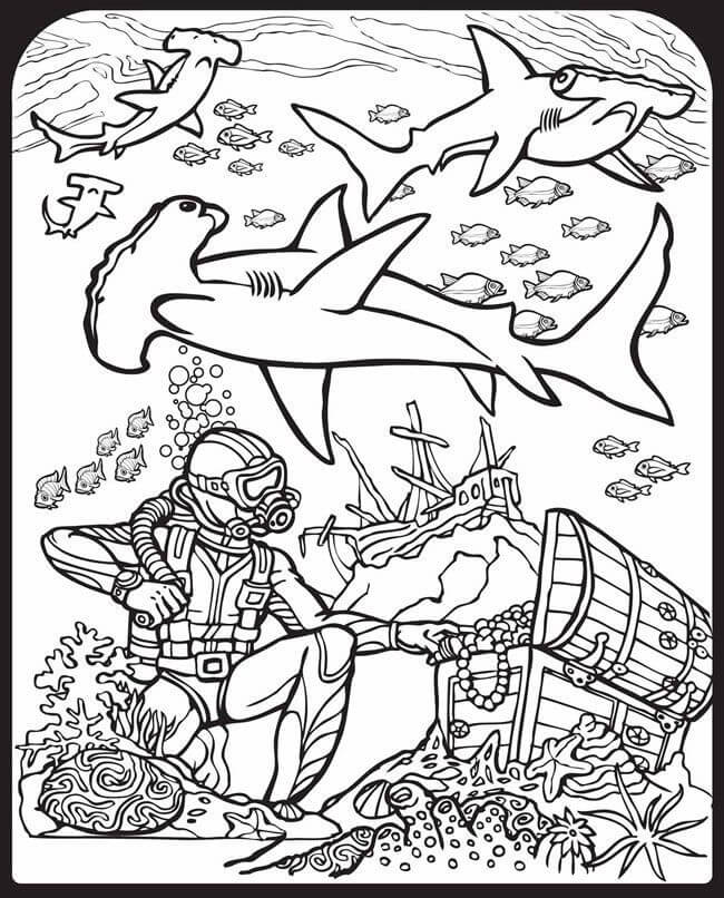 Sharks Ocean Scene Coloring Page