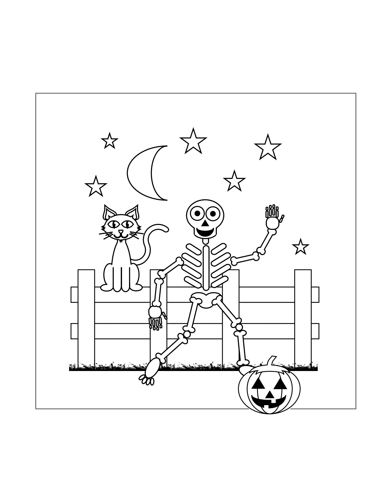 Skeleton Halloween Scene Coloring Page