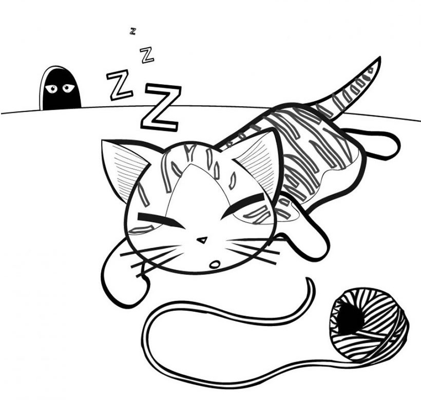 Sleeping Cartoon Cat Coloring Page