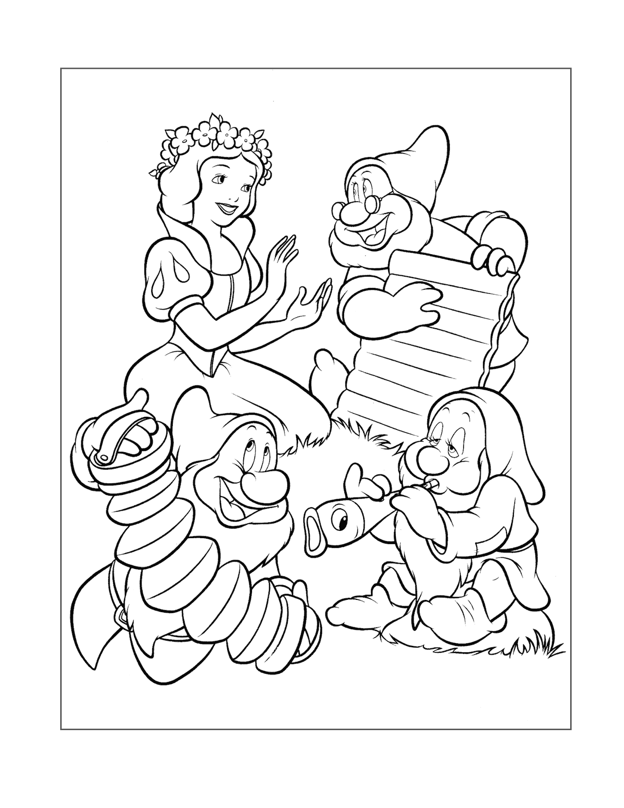 Snow White And Dwarfs Singing Coloring Page