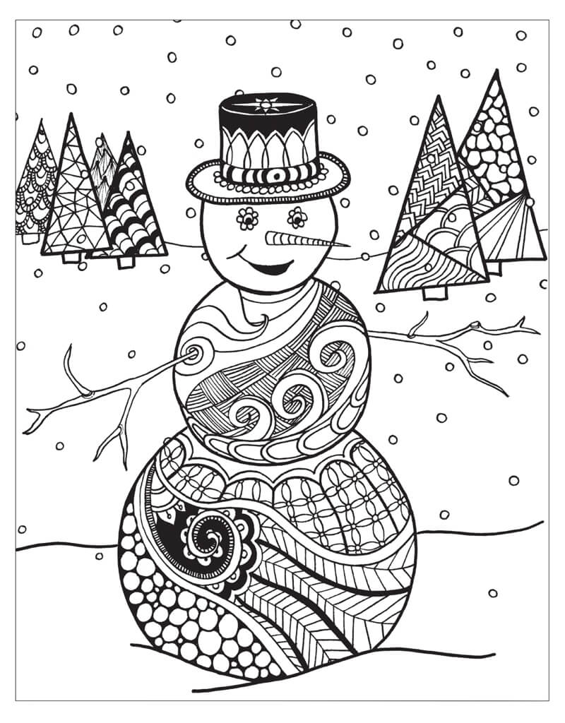 Snowman Scene Design Printable Coloring Sheet