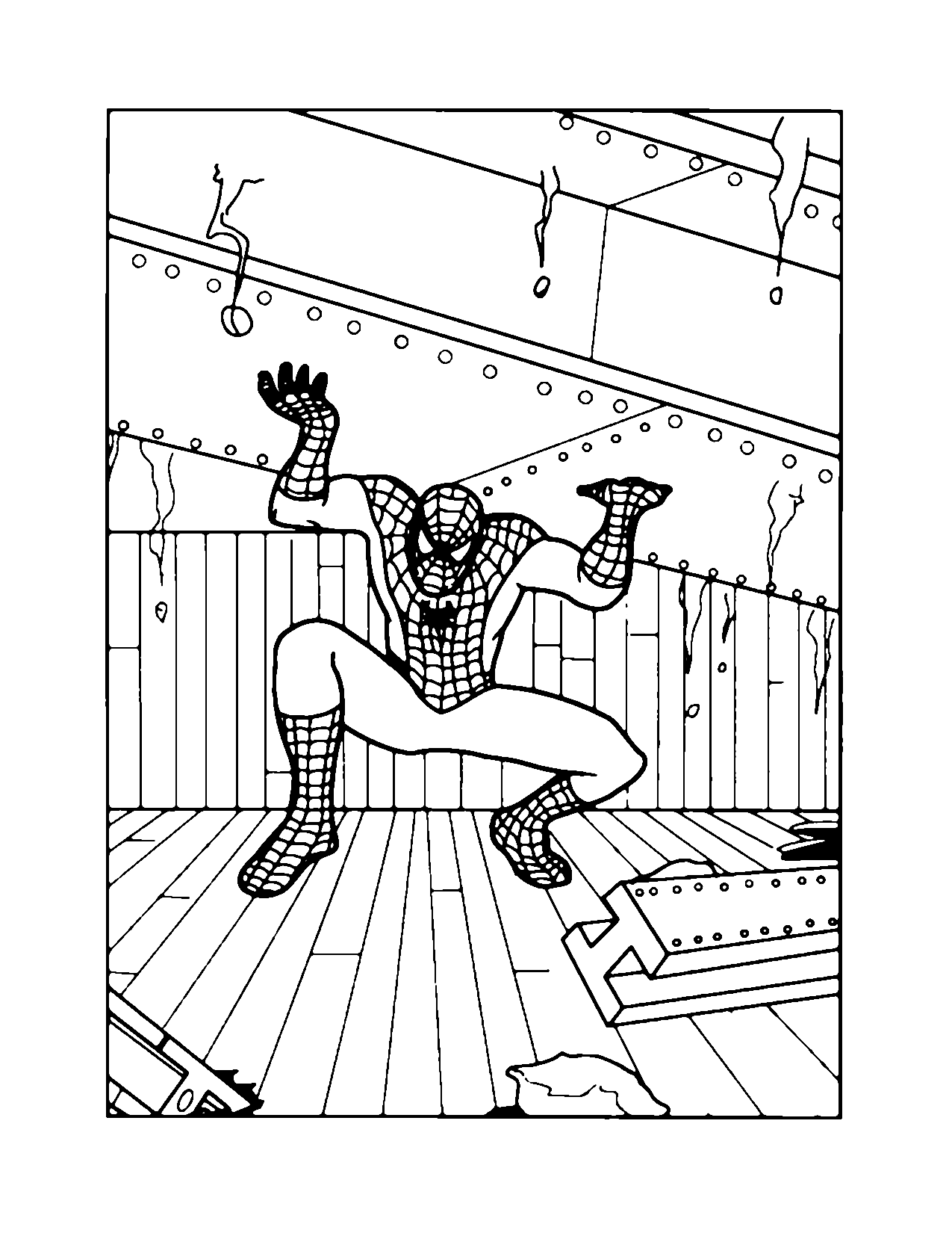 Spiderman Catching Falling Building Coloring Page