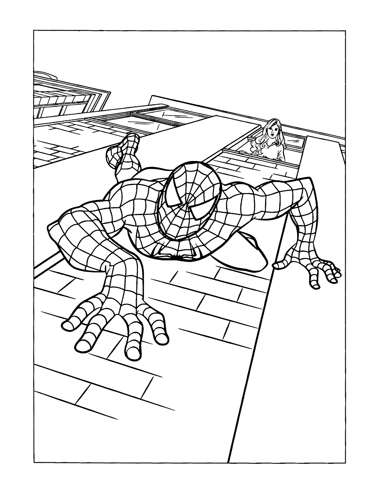 Spiderman Climbing Down A Building Coloring Page