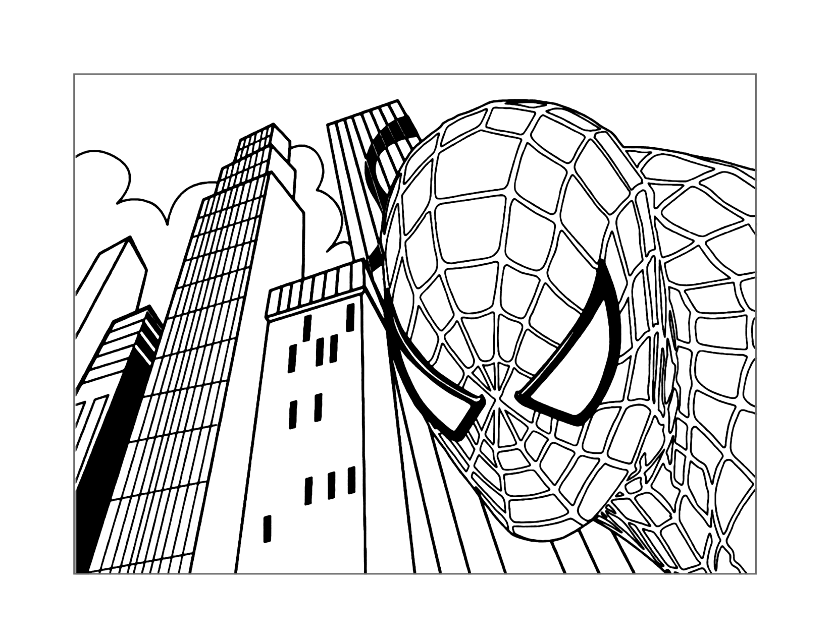 Spiderman Closeup In The City Coloring Page