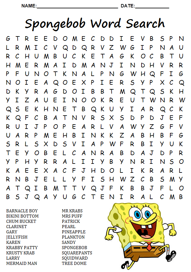 Sponge Bob Word Search For Kids