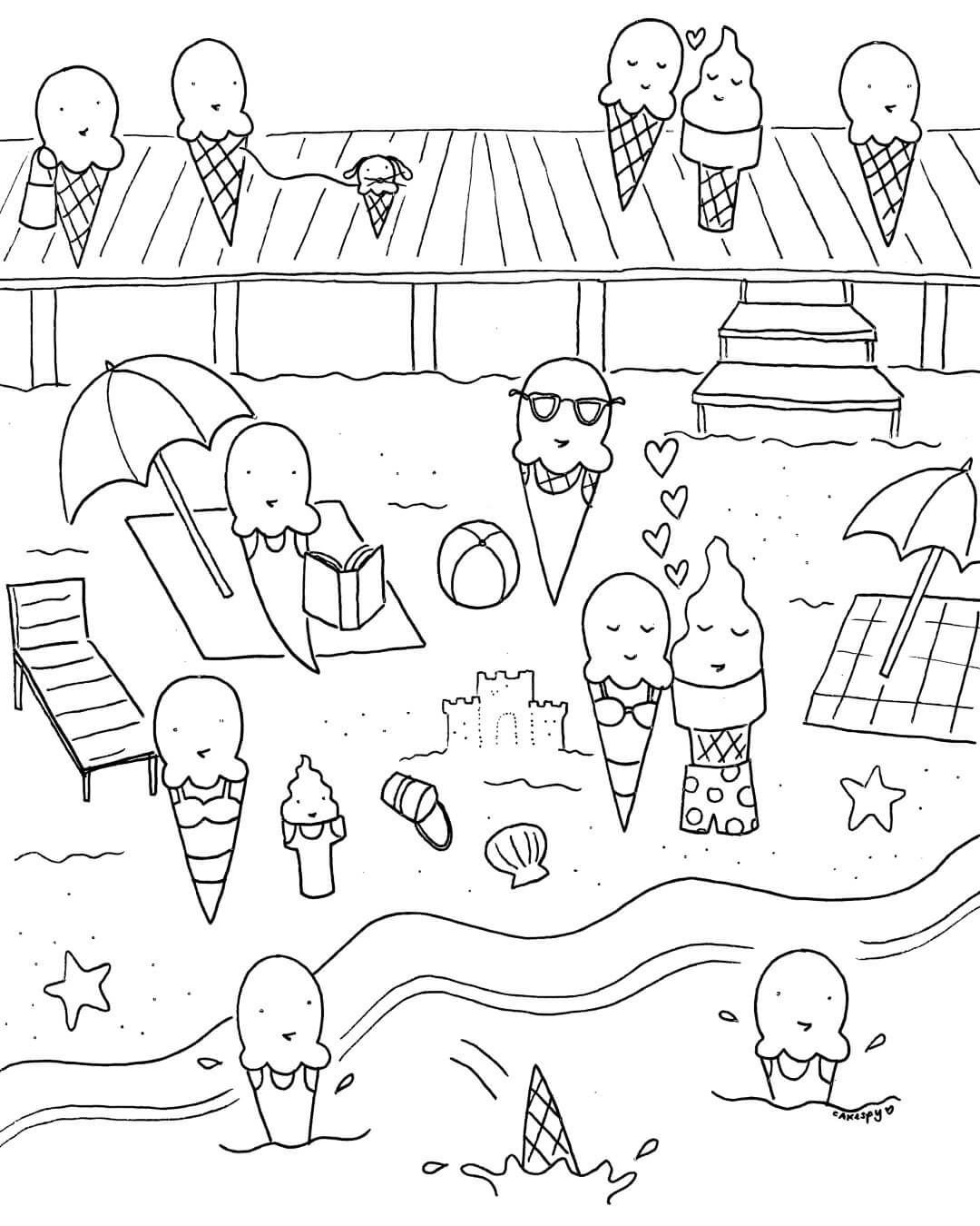 Summer Ice Cream Beach Party Coloring Page