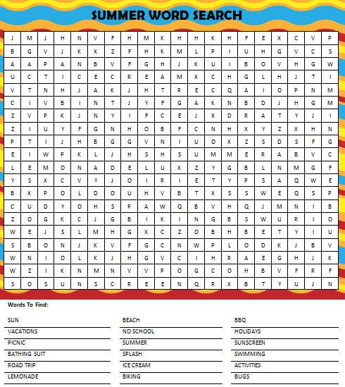 Summer Word Search Puzzles
