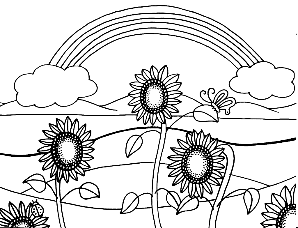 Sunflowers and Rainbow Coloring Page