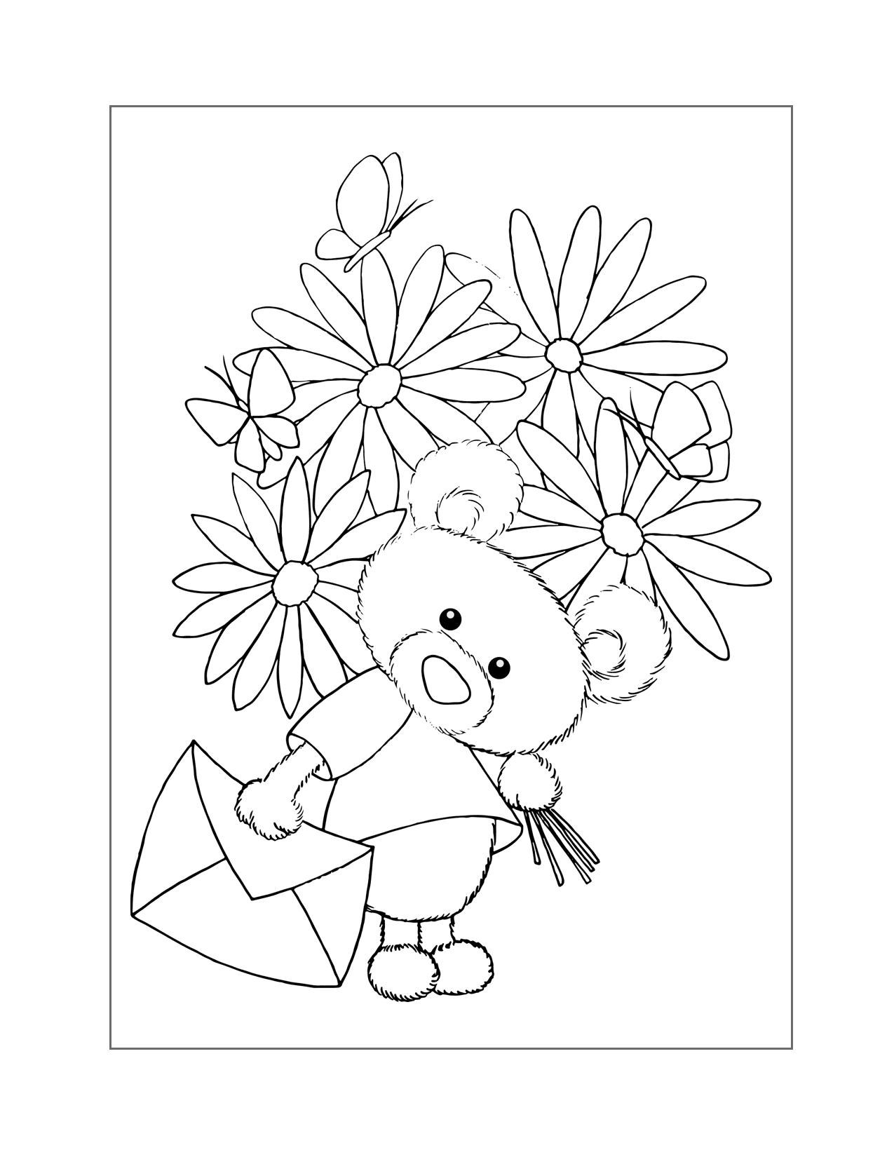 Teddy Bear With Flowers Coloring Page