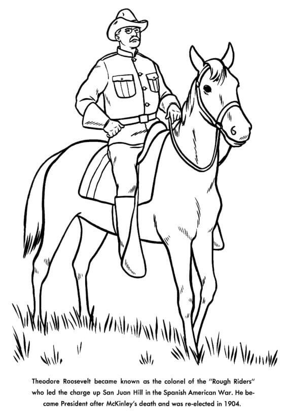 Theodore Roosevelt Horseback Presidents Day Coloring Page