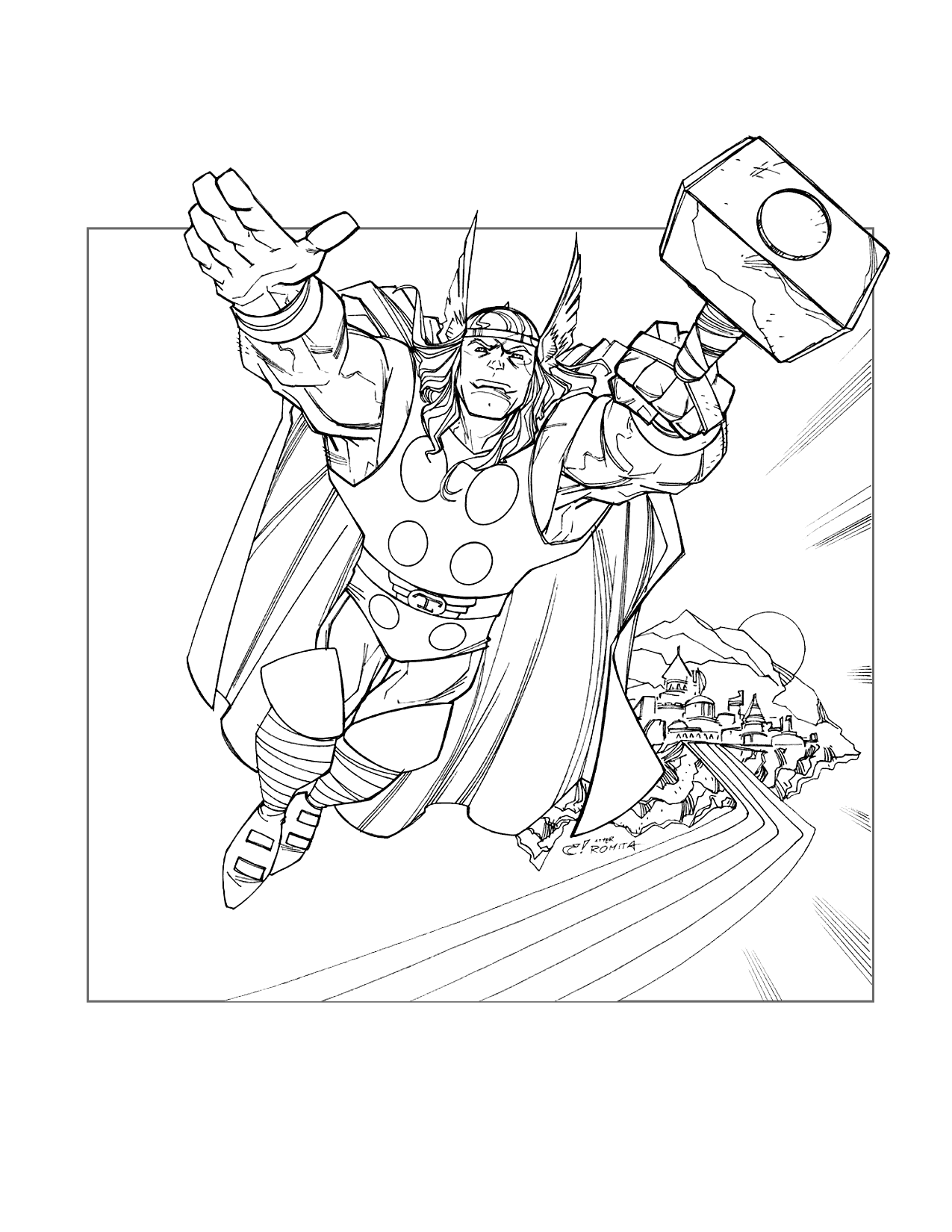 Thor With Hammer Coloring Page