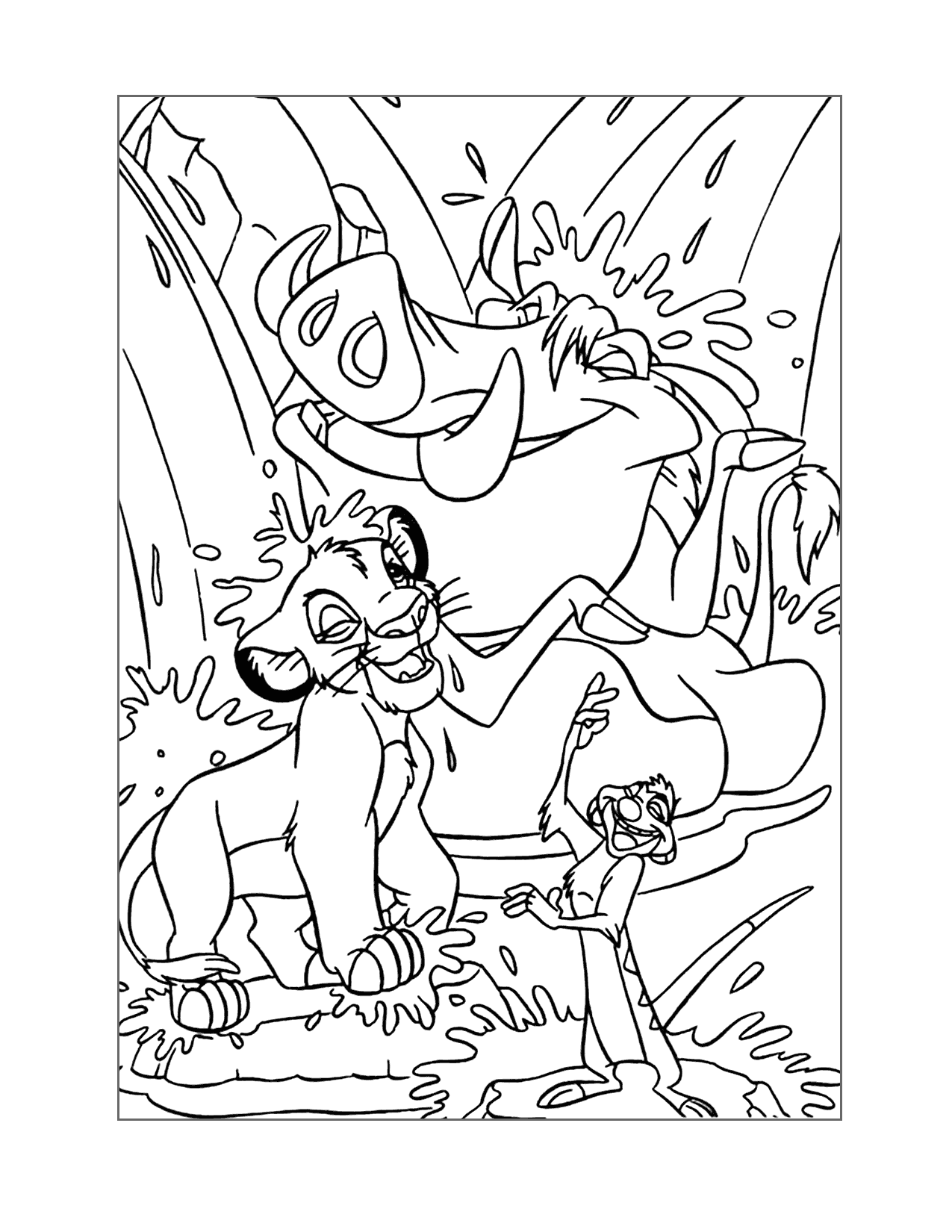 Timon Pumba And Simba Under Waterfall Coloring Page