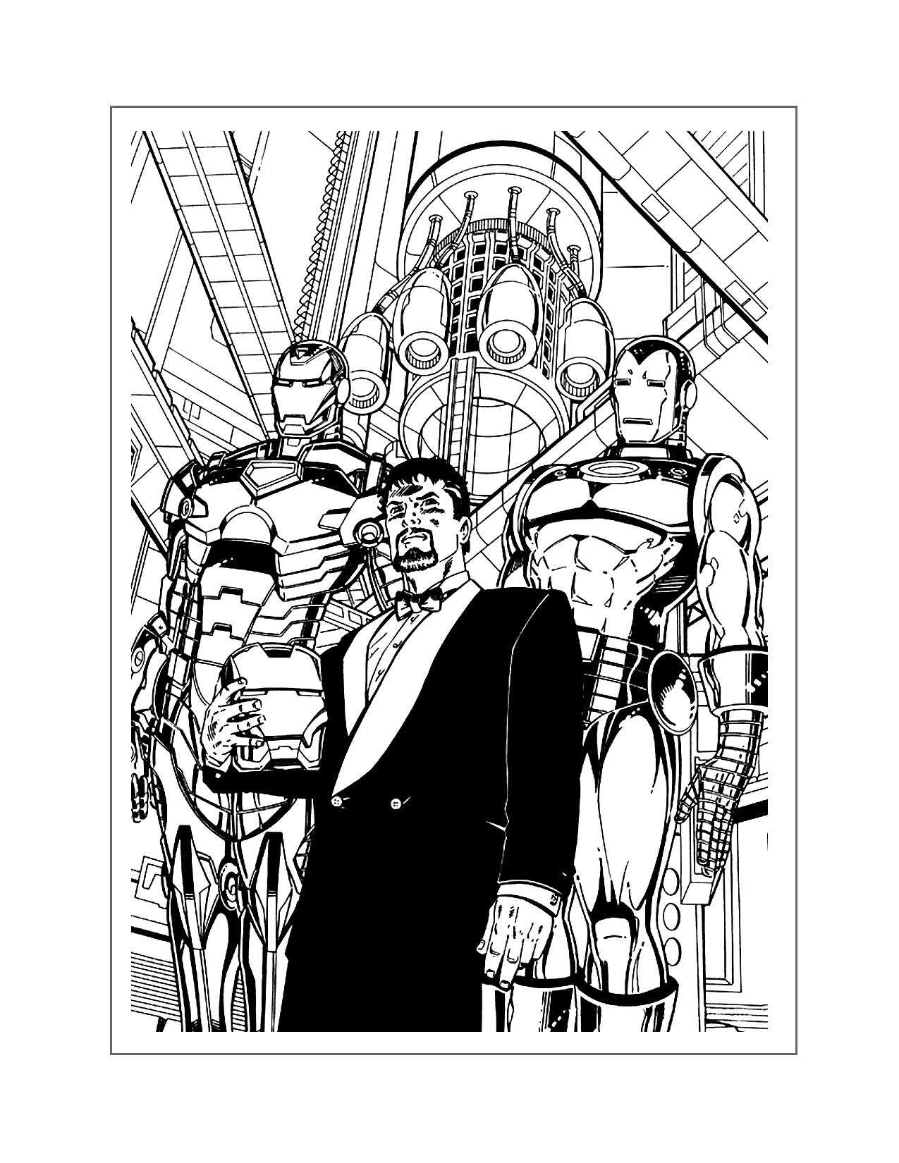 Tony Stark And Iron Man Suits Coloring Page