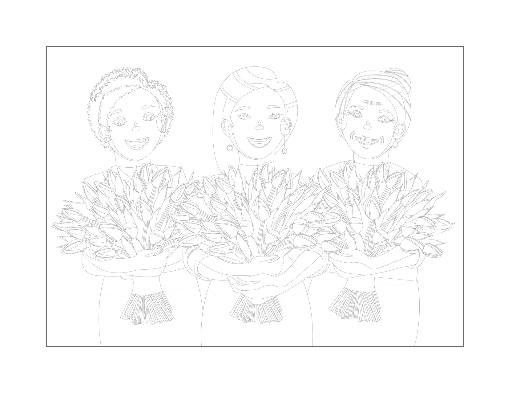 Traceable Women With Flowers Coloring Page
