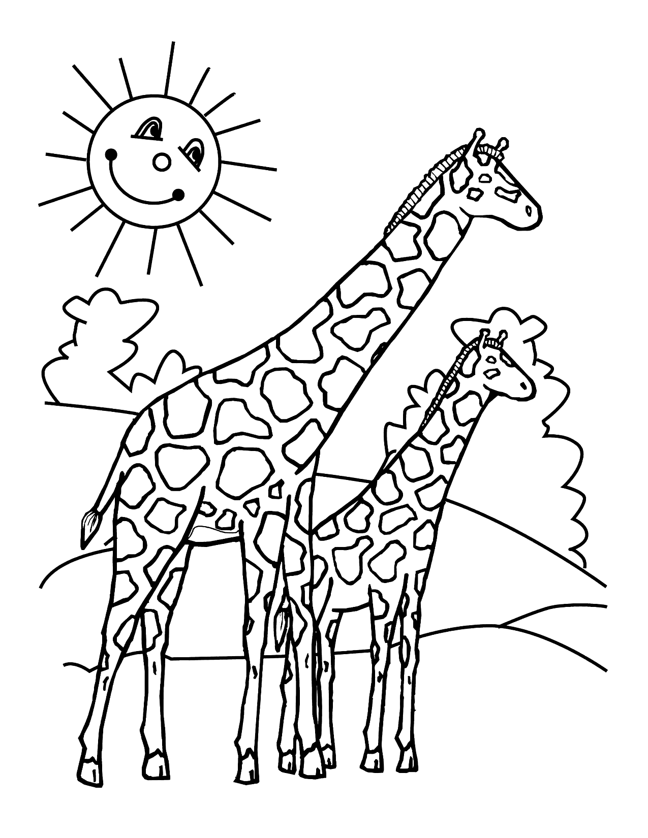 Two Cute Giraffe Under The Smiling Sun Coloring Page