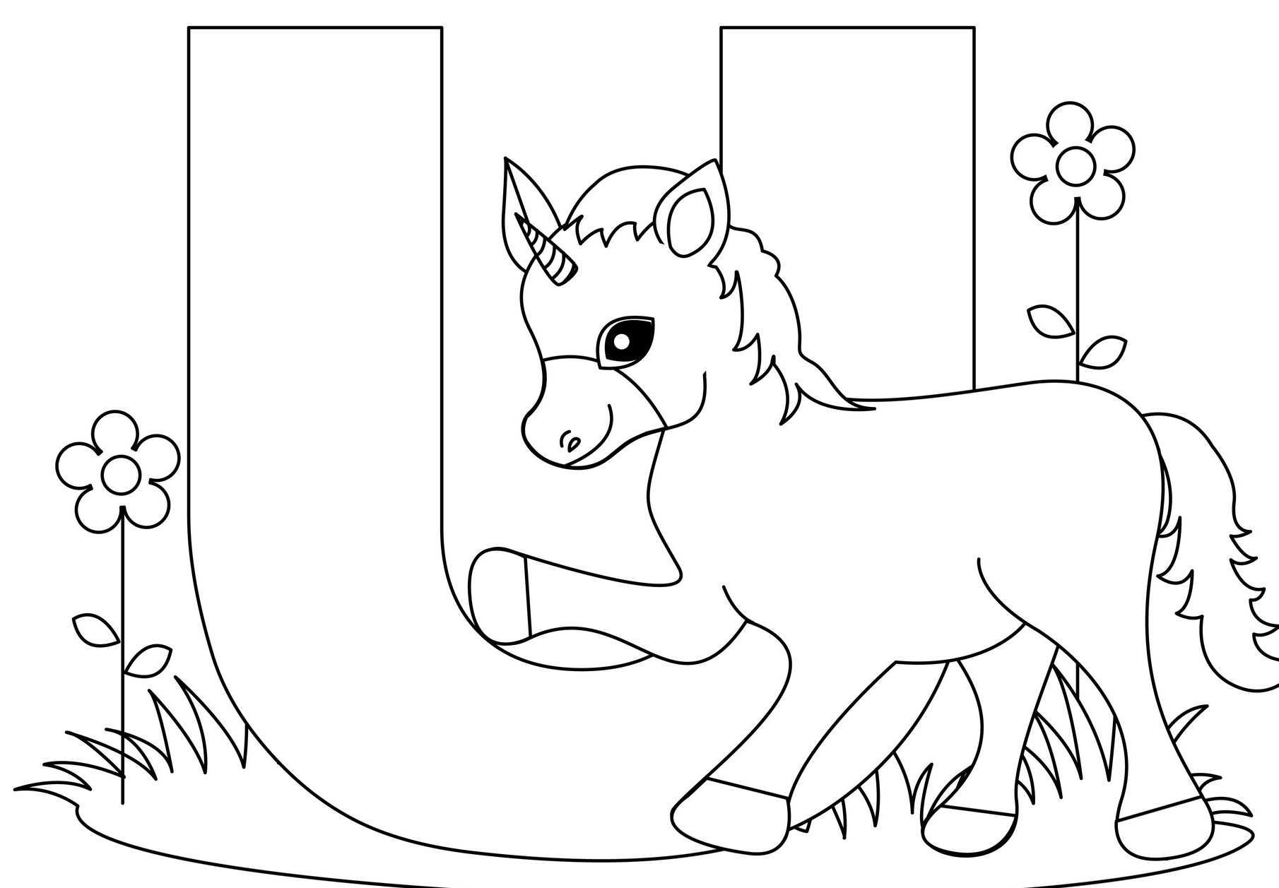 U for Unicorn Coloring Page for Kids