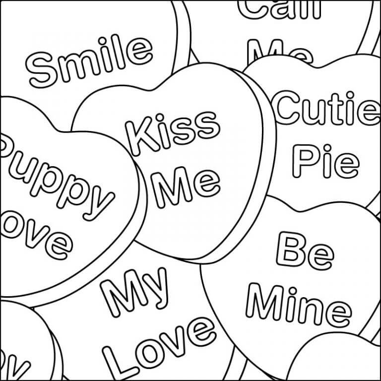 Valentine Candy Messages Coloring Page