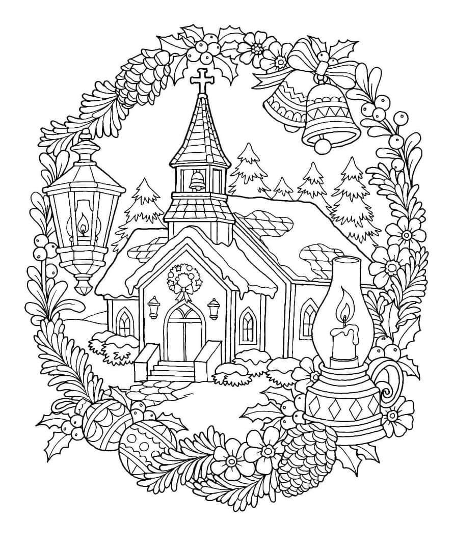 Winter Holiday Church Coloring Page