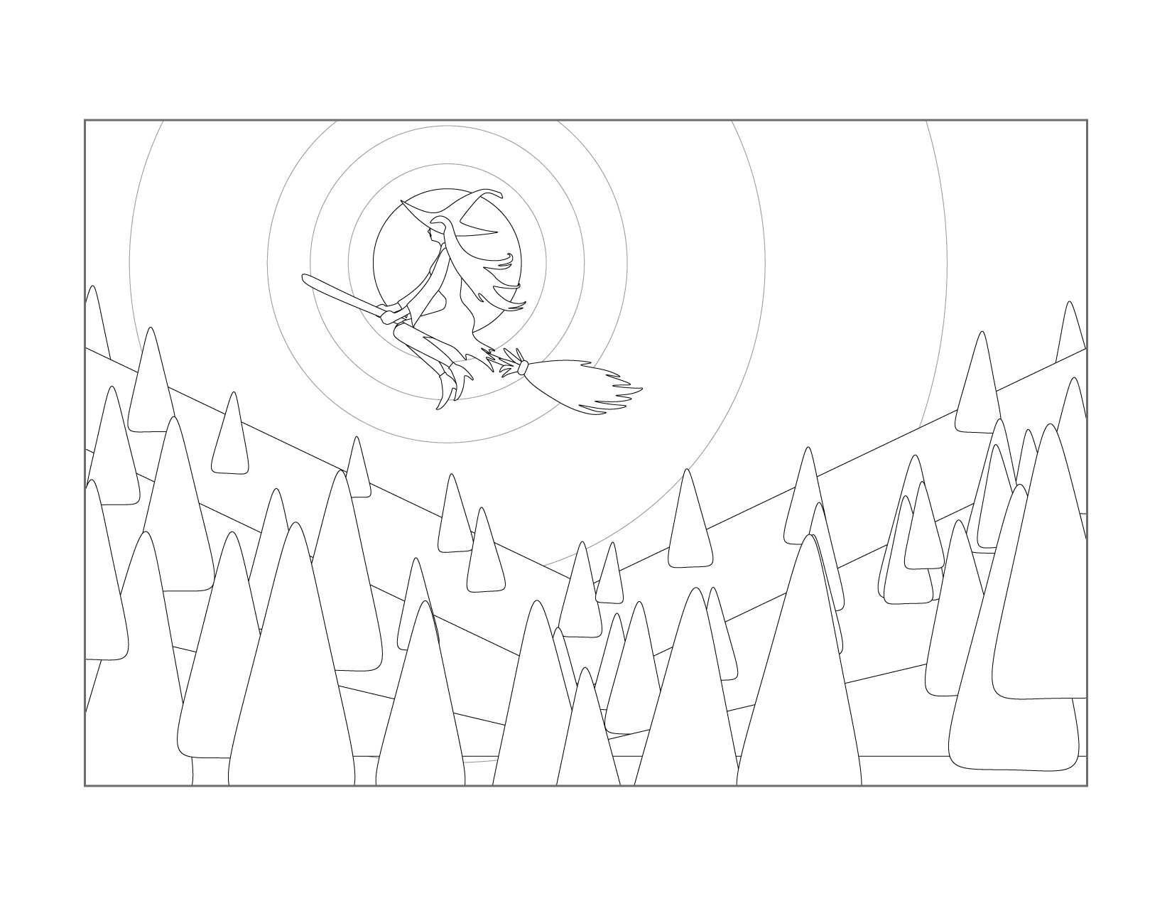 Witch Flying Above Trees Coloring Page