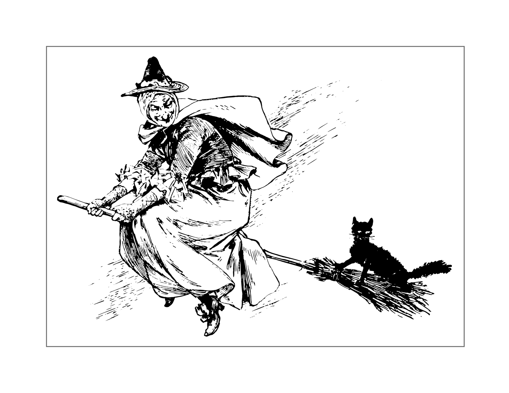 Witch With Cat Riding Broom Coloring Page