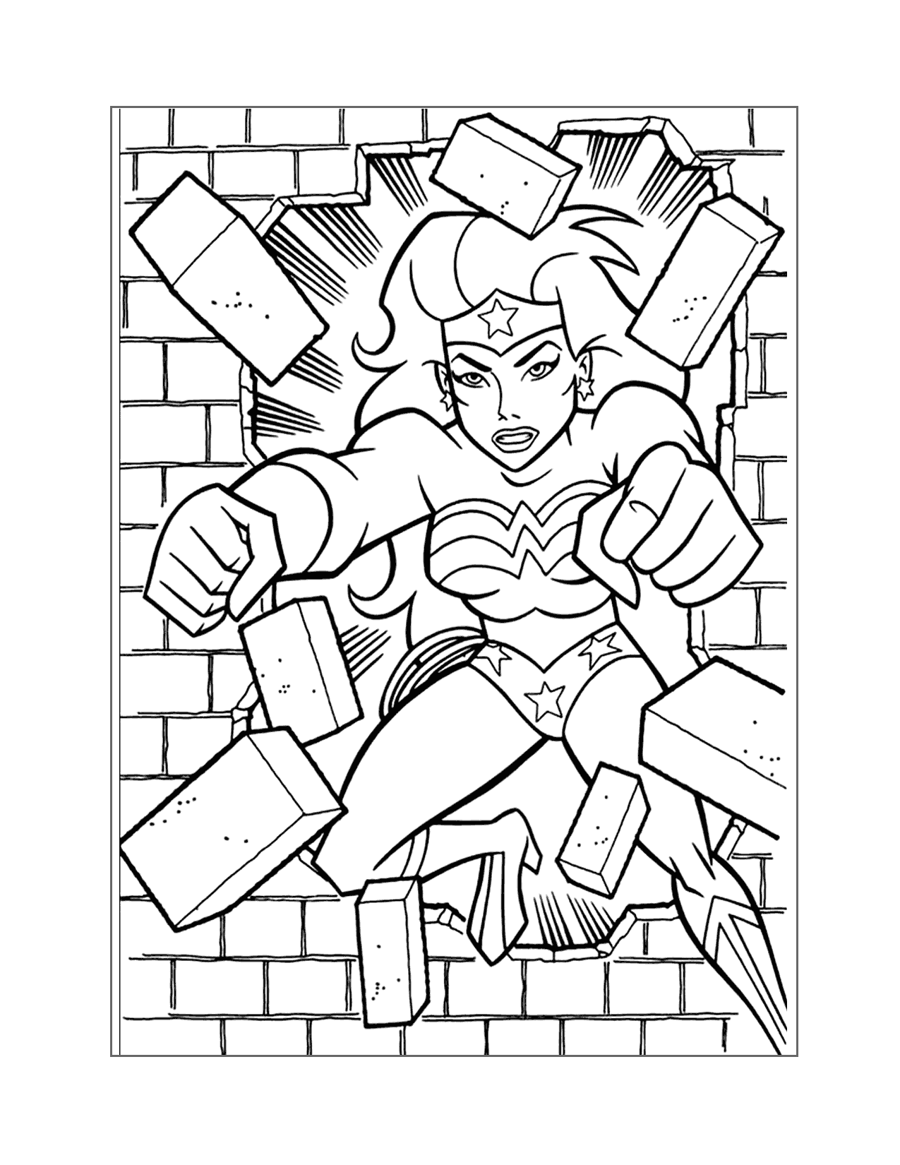 Wonder Woman Busting Through Brick Wall Coloring Page