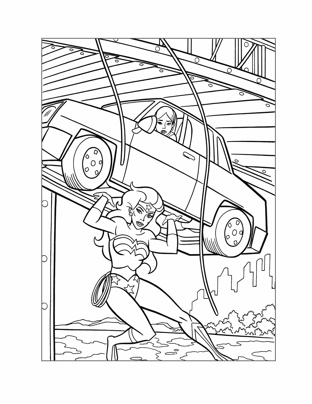 Wonder Woman Saves Lady In Car Coloring Page