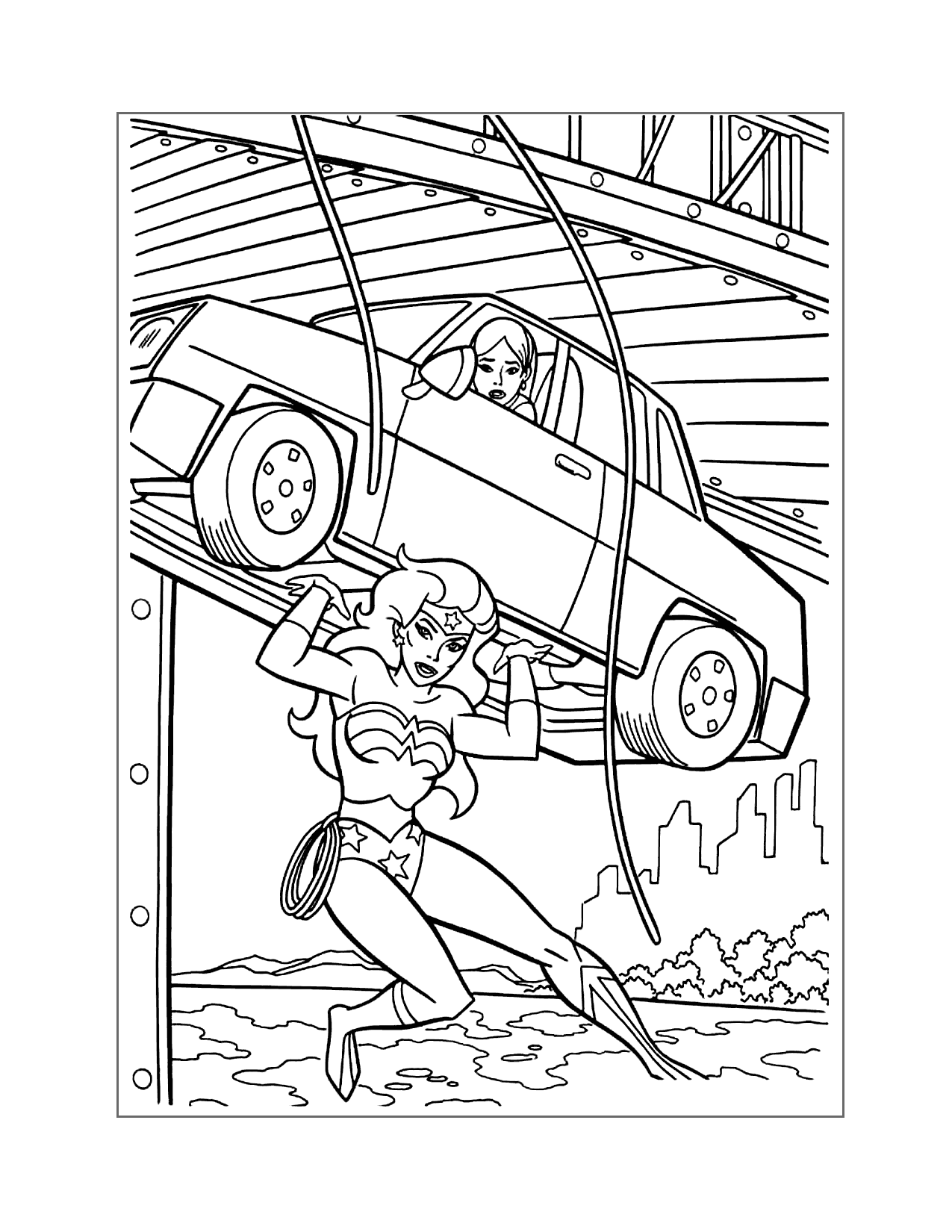Wonder Woman Saves Lady In A Car Coloring Page