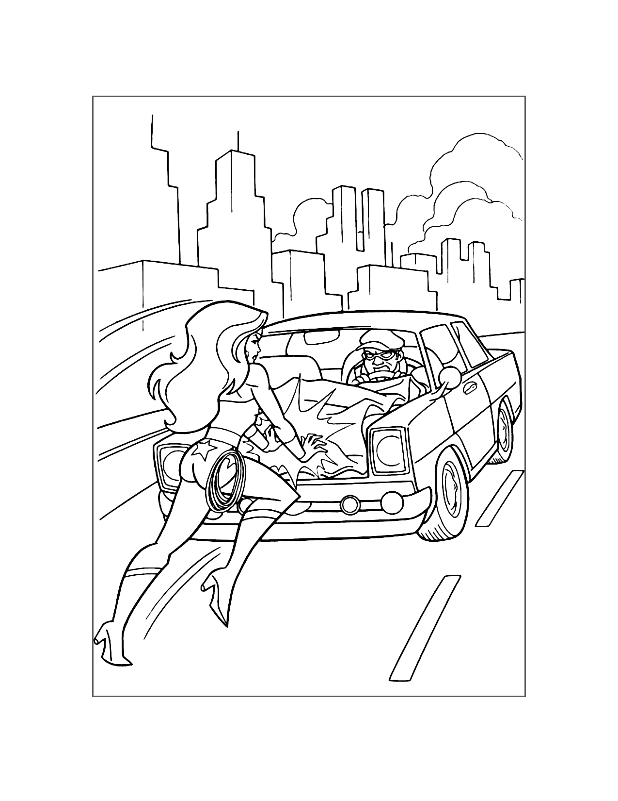 Wonder Woman Stops A Car Coloring Page